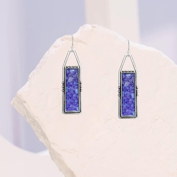 Purple Handmade Bohemian Tribal Retro Colorful Square Bar Dangle Drop Earring - Picture 6 of 6